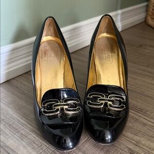 Coach Black Patent Leather Heels with Gold Accents